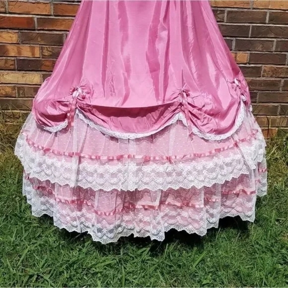 Dance Allure Rare Vintage 1980s Pink Lace Cold Shoulder Antebellum Hoop Dress M - Picture 5 of 12